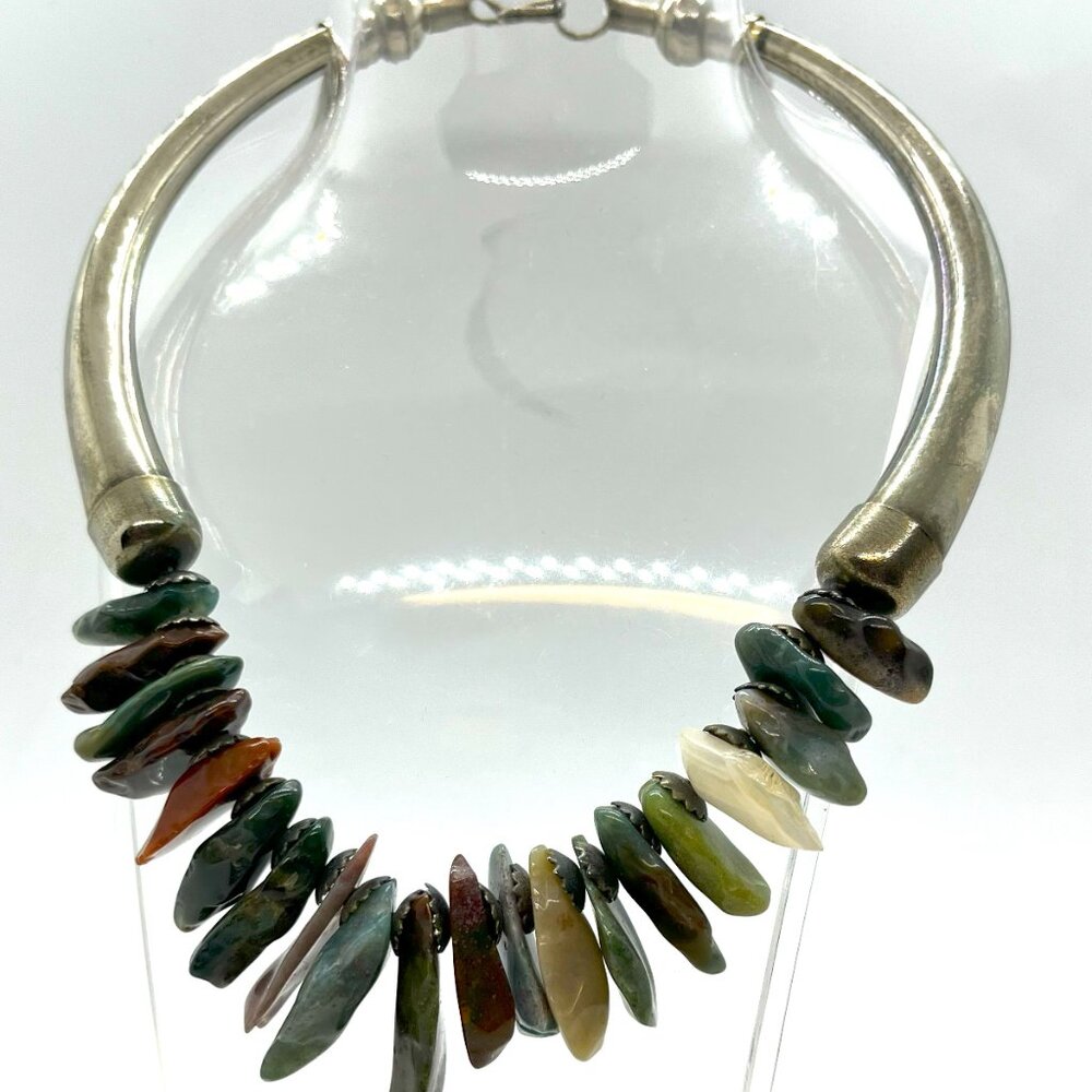 Boho/ethnic Chunky multi stone raw tumbled chips/spikes statement necklace